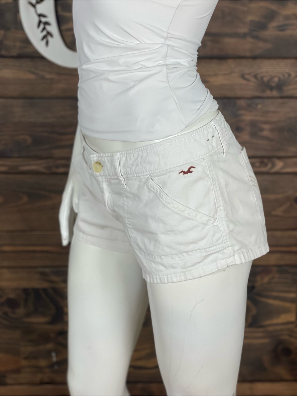 Hollister | Bermuda White Cotton Casual Shorts Low Rise Bird Logo Y2K